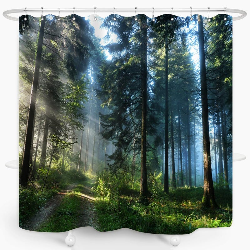 ZXMBF Trees Forest Sunlight Shower Curtain Straight Tall Trees Sunshine Attractive Nature Landscape Waterproof Fabric Bathroom Decor 72x72 Inch Green Plastic Hooks 12 PCS - Image 3